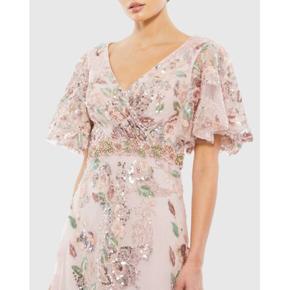 Mac Duggal 67880 Size 8 Pink Green Floral Embellished Short Sleeve Gown‎ Dress - Picture 3 of 4